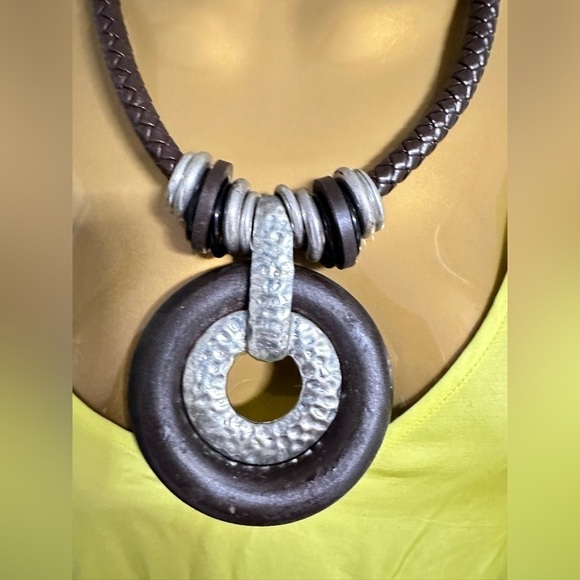 Artisan Necklace Brutalist Statement Brown Wood Ring Silver Tone Braided 3405 W - Picture 3 of 15